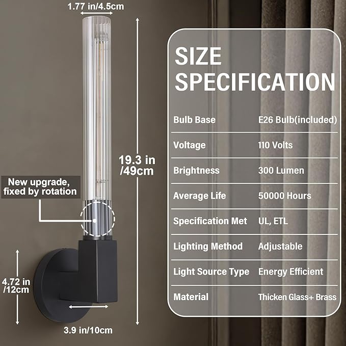 Black Wall Sconces Set of 2, Modern Bathroom Vanity Lights with Glass Shades - Industrial Vintage Wall Lamps for Mirror, Bedroom, Living Room, Hallway