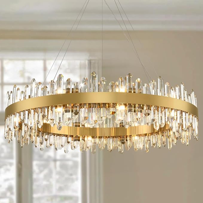 Modern Crystal Chandelier, 40" Round Gold Chandeliers for Living Room, 20-Lights 2 Tiers Luxury K9 Crystal Dining Room Chandelier Over Table, Adjustable Chandeliers for Foyer Entryway