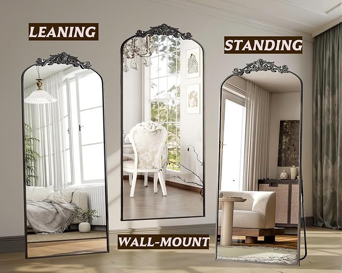 Arched Full Length Mirror, 71"x32" Full Body Mirrors with Carved, Floor Mirror for HomeDecor, Standing/Halling Large Wall Mirror for Bedroom, Living Room, Cloakroom, Black, Retro Style