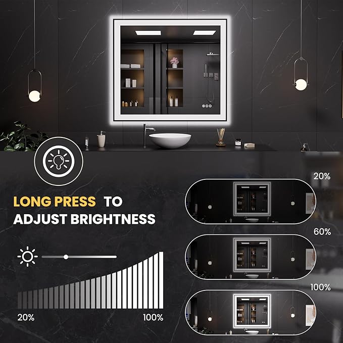 LOAAO 40"X36" LED Bathroom Mirror Black Framed, Anti-Fog, Dimmable, Lighted Bathroom Vanity Mirror for Wall, Memory Function, Tempered Glass