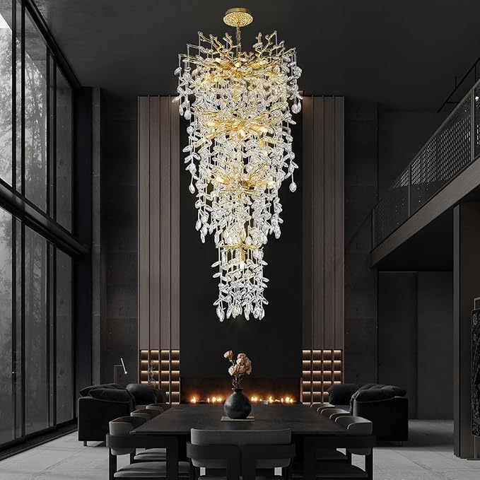 47'' Long Crystal Chandelier for High Ceiling, 25-Light Modern Gold Tree Branch Chandelier, Large Chandeliers for Staircase Foyer Entryway Living Room, 4-Tier Luxury K9 Raindrop Light Fixture- Upgrade