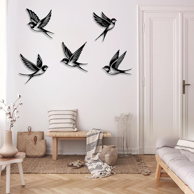 LIYOUYA 5 Pieces Metal Bird Wall Decor - Rustic Farmhouse Room Decor Simple Bird Flock Black Wall Art Home Decor for Living Room, Bedroom, Dining Room, Farmhouse (Black)