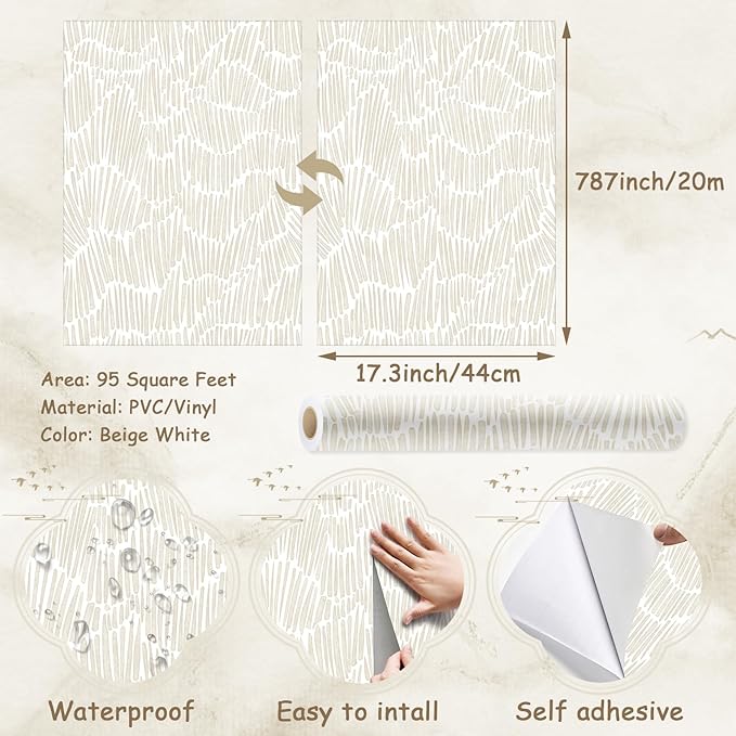 Beige Striped Wall Paper Peel and Stick Wallpaper Modern 17.3"×787" Boho Removable Self Adhesive Wallpaper for Bedroom Waterproof White and Gold Contact Paper for Home Vinyl