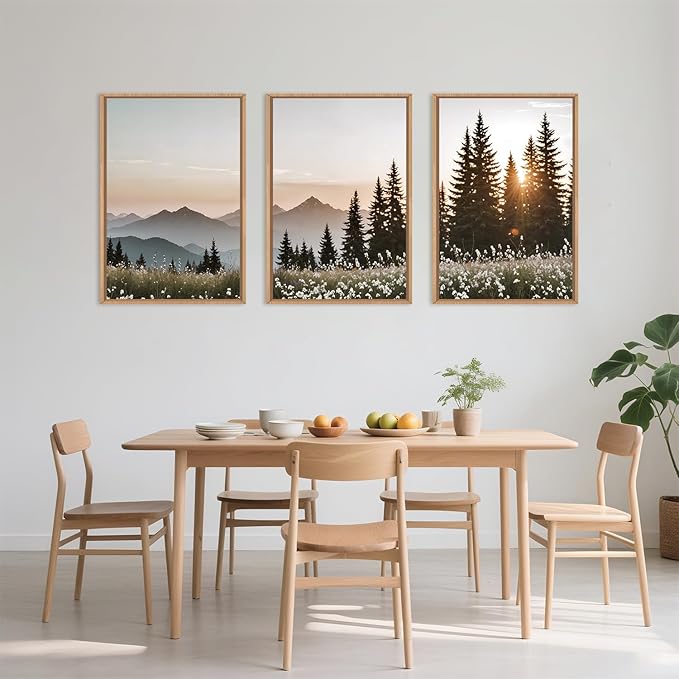 Large Mountain Sunlight Calming Framed Canvas Wall Art Set,Boho Nature Pine Tree Landscape Wall Decor,Modern Sunrise Forest Art Printing for Living Room,Bedroom-16 x24 x3