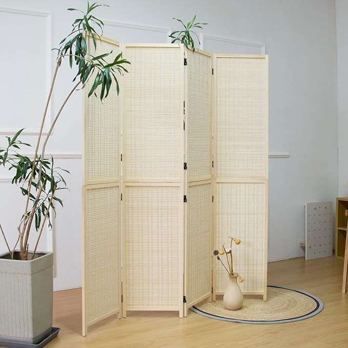 4 Panel Bamboo Room Divider and Folding Screen Divider,Two in One Detachable and Foldable Panel Divider for Room Separation,Beige,67" H x 61.4" W