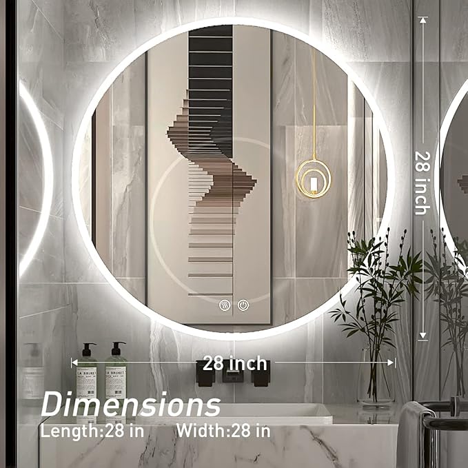 28 Inch Round LED Bathroom Mirror - 6000K Daylight Backlit, Anti-Fog & Dimmable, Frameless Waterproof Mirror with Touch Control, CRI90+, IP54 for Vanity & Makeup