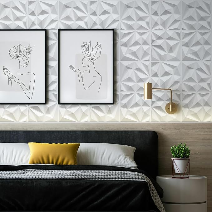 33 Pack Decorative 3D Wall Panels for Interior Wall Decor,12''x12'' White Diamond Design Accent Wall Panles for Living Room,TV Wall Background,Bedroom
