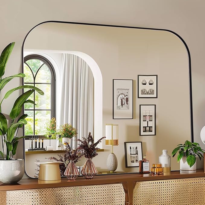 ANDY STAR Black Arched Mantel Large Wall Mirror 30x36, Matte Black Stainless Steel Frame, Arch Mirror with Soft Curved Corner for Bathroom, Entryway, Fireplace Mantel, Bedroom & Living Room Wall Decor