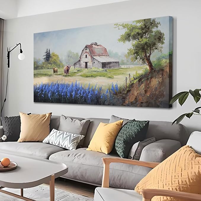 Arjun Farmhouse Canvas Wall Art Farm Highland Cow Landscape Picture Rustic Countryside Barn Painting Village Nature Artwork Large Size Framed for Living Room Bedroom Home Office Wall Decor, 48"x24"