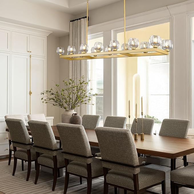 72 Inch Brass Rectangle Wagon Wheel Chandeliers, Gold Chandelier for Dining Room Over Table, Modern Crystal Long Chandelier for High Ceiling, Farmhouse Large Linear Chandeliers for Kitchen Island