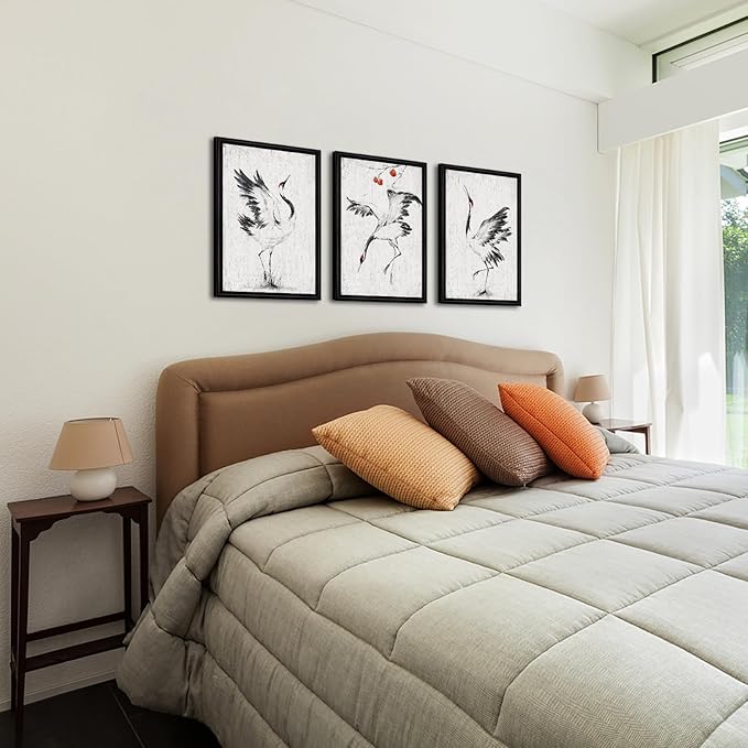 KREATIVE ARTS Black and White Chinoiserie Wall Art Set of 3 White Crane and Persimmon Tree Chinese Painting on Canvas with Frame for Bedroom Living Room Minimalist Oriental Decor Each 16x24 Inch