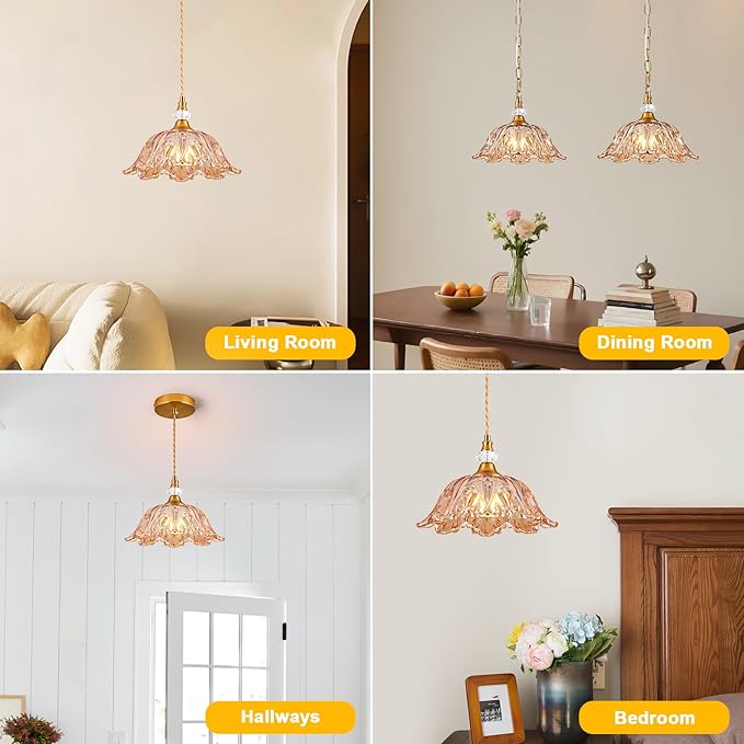 1 Piece Vintage Chandelier Light Fixtures with Amber Glass Shade,Matte Brass Finish Pendant Light for Kitchen,Hanging Light Fixture for Dining Room, Hallway, Living Room, Bedroom