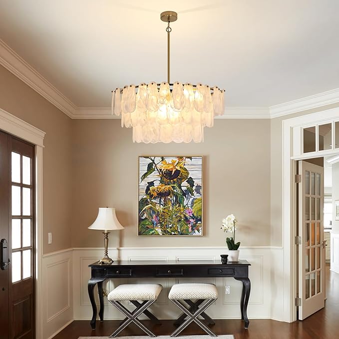 Modern Large Gold Glass Chandeliers, 12-Light Luxury Cloud Pendant Light Fixture, 31.5 inch Round Ceiling Hanging Light Fixture for Living Room Bedroom Dining Room Kitchen Foyer Staircase Offices