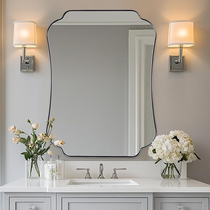 ANDY STAR Chrome Bathroom Mirror 24x36 Inches, Modern Scalloped Edge Wall Mirror with Stainless Steel Frame for Hallway, Lounge and Vanity Area