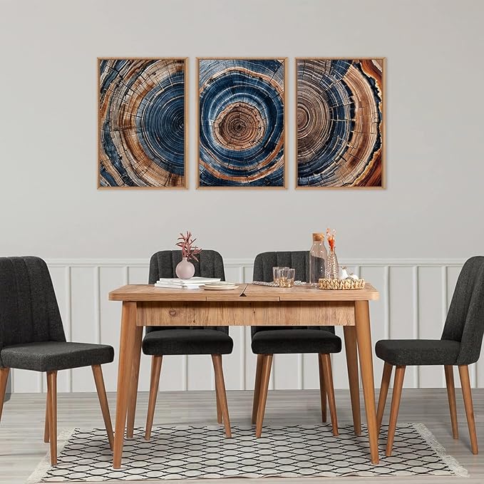 Colorful Tree Rings Framed Canvas Wall Art Set,Abstract Blue and Brown Wood Grain Wall Decor,Nature Modern Annual Ring Texture Artwork for Living Room,Bedroom-24 x36 x3