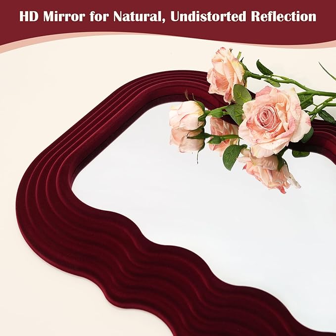 Mirror Wall Decor for Vintage Living Room Bedroom, 14x28 Asymmetrical Decorative Mirror for Entryway Porch Staircase, Retro Modern Hanging Wall Art Gift for Grandma Mom Sister (Wine Red)