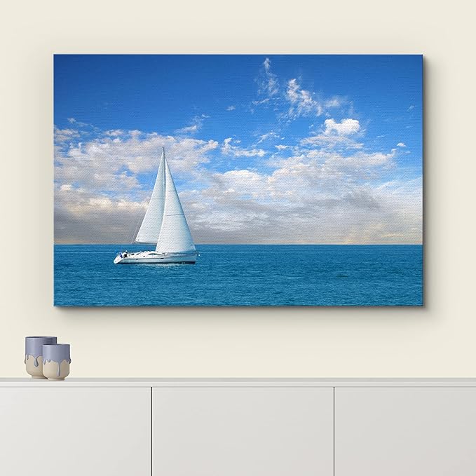 Canvas Prints Wall Art - Beautiful Seascape White Sail Boat on The Blue Calm Sea | Modern Wall Decor/Home Decoration Stretched Gallery Canvas Wrap Giclee Print & Ready to Hang - 12" x 18"
