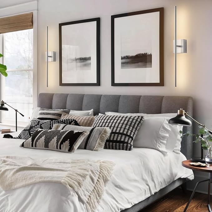 Battery Operated Wall Sconces with Remote Control, Dimmable Wall Sconces Set of Two, 350°Rotate, 3000K LED Nickel Wireless Wall Light for Living Room, Hallway, Bedroom, 24.4 Inch (2 Pack)