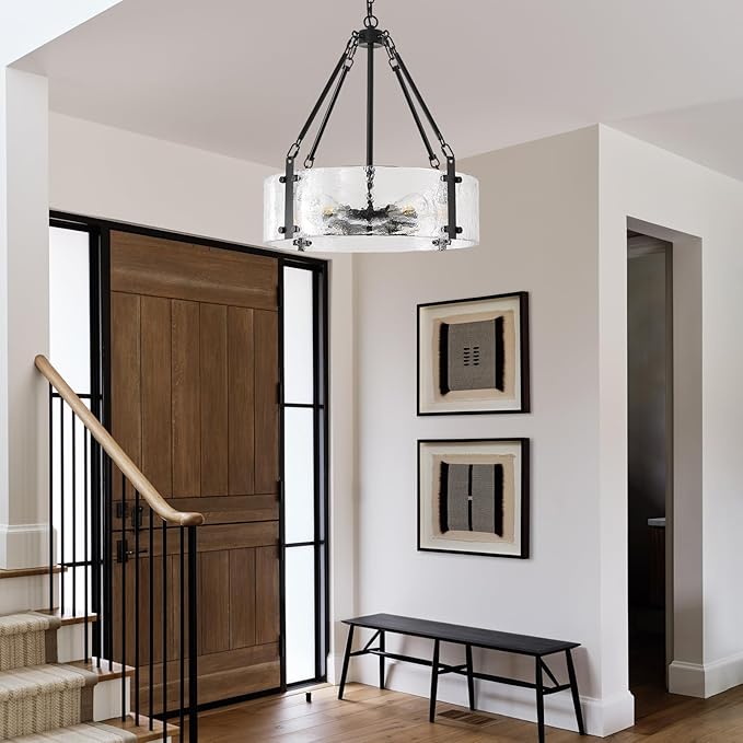 Black Dining Room Chandelier 20” Modern Textured Glass Chandelier 6-Light Drum Crystal Light Fixture Vintage Farmhouse Round Hanging Lighting for Kitchen Island Over Table