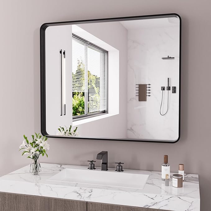 Black Bathroom Mirror 48X40 Inch, Black Metal Framed Mirror for Wall, Rounded Rectangle Matte Bathroom Vanity Mirror with Tempered Glass, Anti-Rust, Horizontal/Vertical