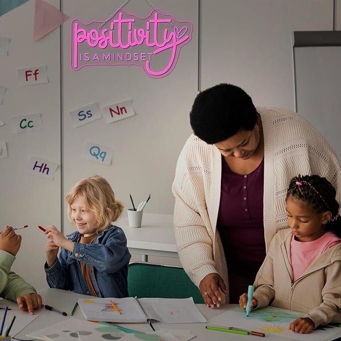 Lucunstar Pink Neon Sign Positivity is a mindset Dimmable LED Inspirational Light Up Signs for Wall Decor USB Powered Neon Light for Home Room Office Gym School Classroom