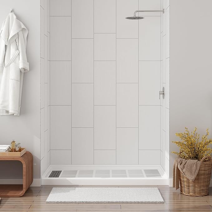 CASAINC Shower Wall Panels, Waterproof Wall Panels for Showers, Shower Surround Kit 3 Piece, 36D x 60W x 75H, Glossy White Wood Grain Finish, SMC Material, 3.5MM Thick, Quick Install, Trimmable