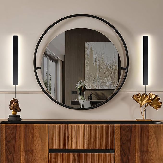 Modern Plug in Wall Sconces, 23.6 inch Frosted Black LED Long Wall Lights, 12W Warm White 3000K Acrylic Indoor Wall lamp,with 59" Plug Cable for Bedroom, Living Room, Bathroom Makeup, Hallway