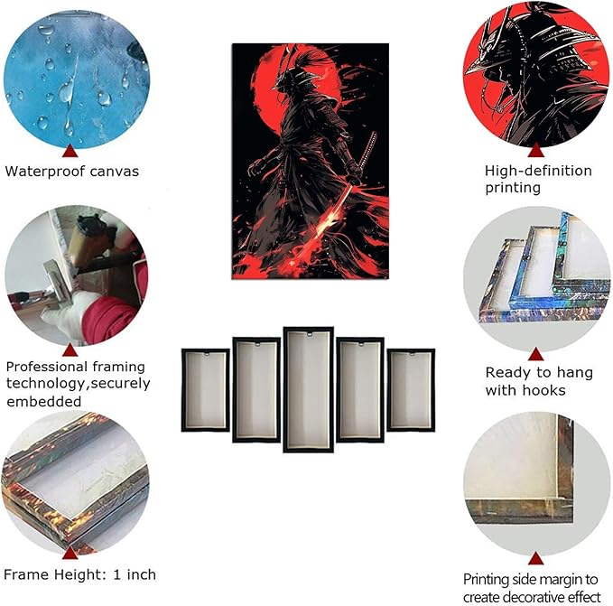 Black and Red Japanese Samurai Wall Art Bushido Pictures Wall Decor Canvas Prints Armored Samurai Painting Poster Artwork Modern Home Decor Framed for Bedroom Living Room Office (12''W x 16''H)