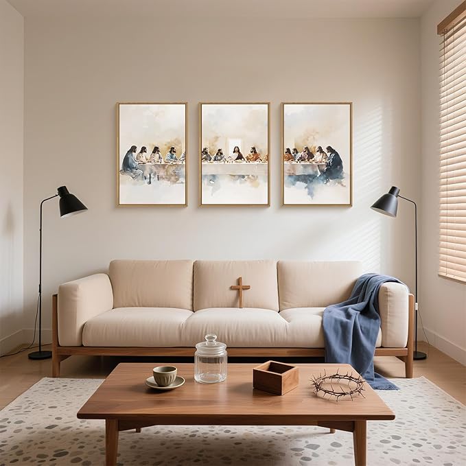 Large Watercolor Jesus Last Supper Scene Framed Canvas Wall Art Set,Jesus and Twelve Apostles Wall Decor,Christmas Religious Bible Story Artwork for Living Room,Bedroom,Church-24 x36 x3