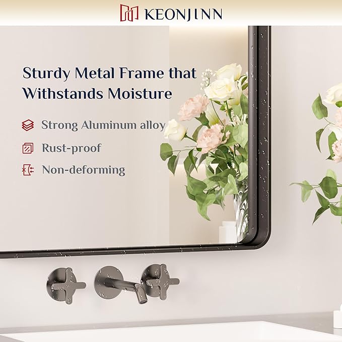 Keonjinn Black Bathroom Mirror for Over Sink, 72” x 36” Large Rounded Rectangle Bathroom Vanity Mirror, Matte Black Farmhouse Wall Mirror, HD Tempered Glass, Seamless Metal Frame(Horizontal/Vertical)