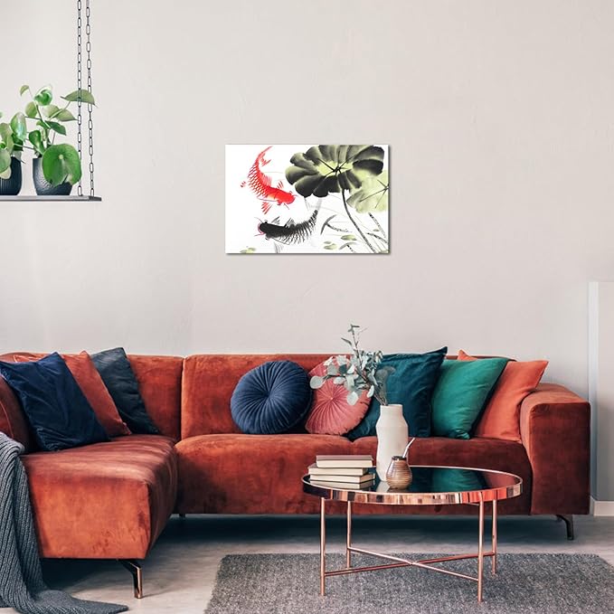 Canvbay Two Koi Fish Wall Art Asian Canvas Wall Art Traditional Chinese Ink Style Canvas Prints Feng Shui Lucky Carp in Lotus Leaves Pond Painting Pictures Oriental Poster for Home 24x36inch