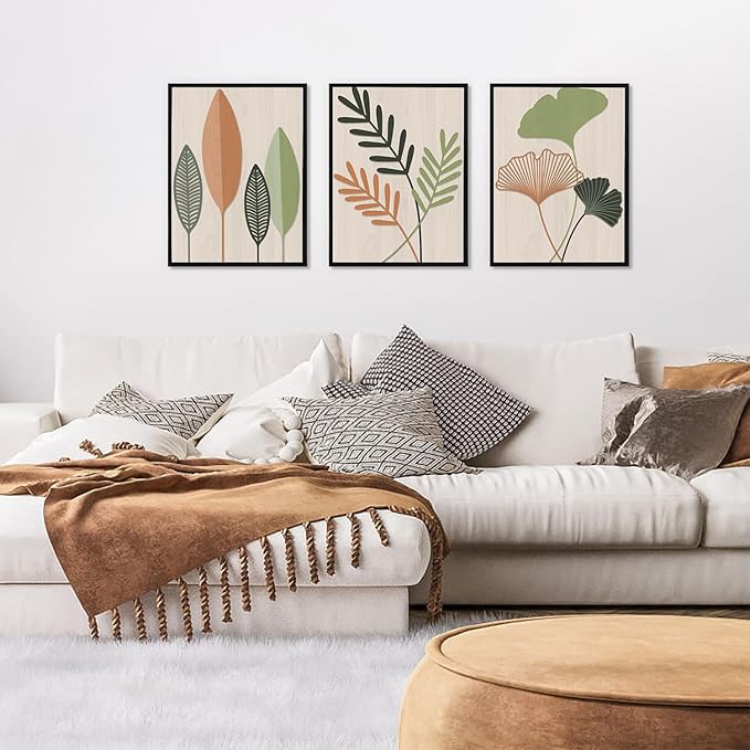 LHIUEM Framed Botanical Wall Art Leaf Art Pieces Zen Canvas Wall Art Set of 3(12”X16”) Boho Bedroom Wall Decor Sage Green Pictures Unique Plants Prints Colorful Modern Artworks for Living Room Office