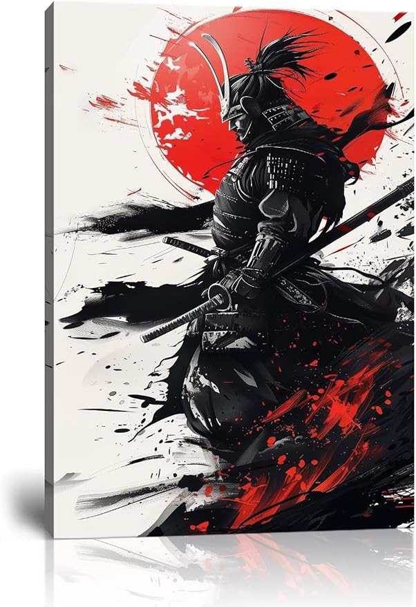 Japanese Samurai Wall Art Warrior Pictures Wall Decor Armored Samurai Painting Canvas Prints Bushido Poster Artwork Modern Home Decor Framed for Bedroom Living Room Office (18''W x 24''H)