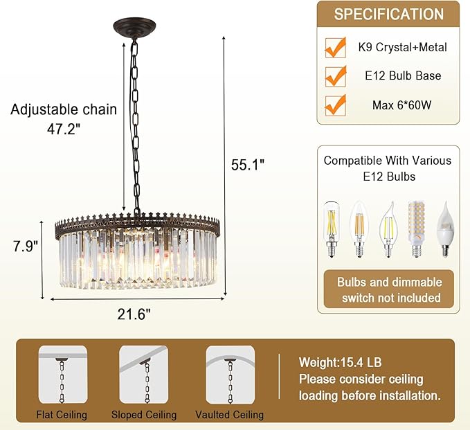 6-Light Crystal Chandelier, 21.6" Modern Farmhouse Crystal Light Fixture, Vintage Antique Bronze Round Hanging Lighting Fixture for Dining Room Foyer Living Room Entryway