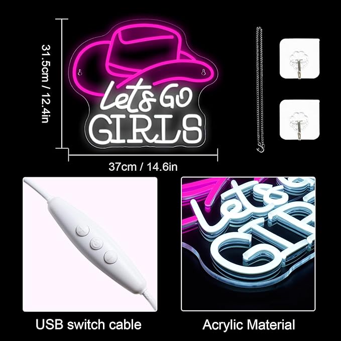 Lucunstar Let's Go Girls Neon Sign Wall Art Neon Lights with USB Cowgirl Hat LED Sign Neon Signs for Wall Decor Neon Rope Light for Party Bedroom Girl's Room LED Lights Birthday Neon Light Sign