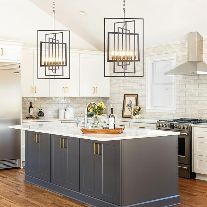 Black Farmhouse Chandelier, 7-Light Lantern Pendant Light Fixtures, Rustic Industrial Foyer Lighting Fixtures, Large Chandeliers for High Ceilings, for Dining Room, Kitchen Island, Staircase, Entryway