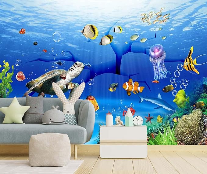 Ocean Wallpaper The Underwater World Sea Turtle Fish Wall Mural for Kids Rooms Living Rooms Bedrooms