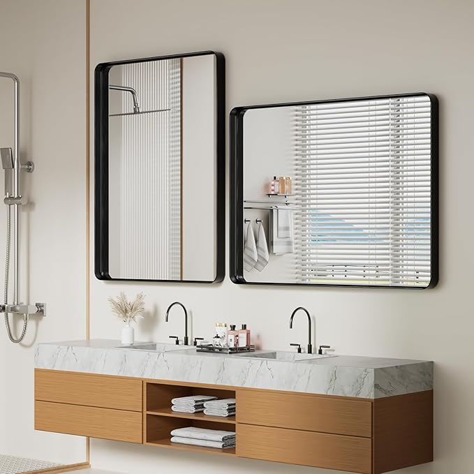 Koonmi Black Bathroom Mirror for Wall, 36x48 Inch Matte Metal Deep Framed Rounded Corner Wall Mirror, Shatterproof Tempered Glass for Farmhouse Bedroom Entryway, Vertically or Horizontally