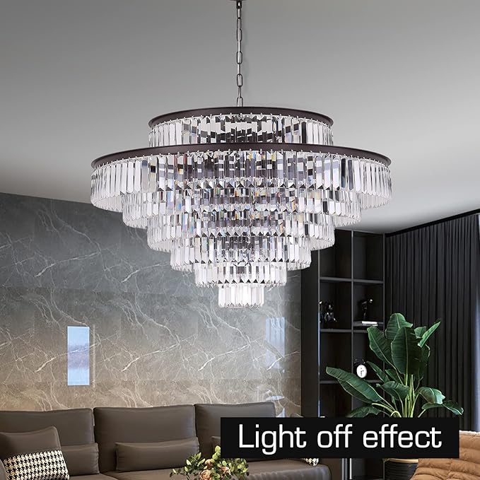39" Large Modern Oil Brown Crystal Chandelier, 7-Tier Luxury Ceiling Light with Clear Crystal Prisms, Oversized Round Pendant Lighting for Dining Room Dining Room Living Room Foyer