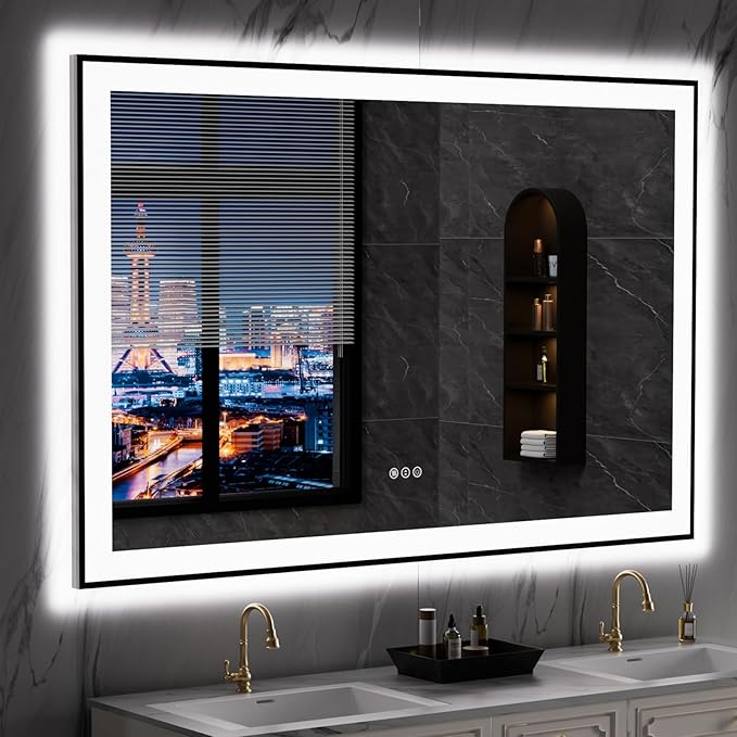 LOAAO 55"X36" LED Bathroom Mirror Black Framed, Anti-Fog, Dimmable, Lighted Bathroom Vanity Mirror for Wall, Memory Function, Tempered Glass
