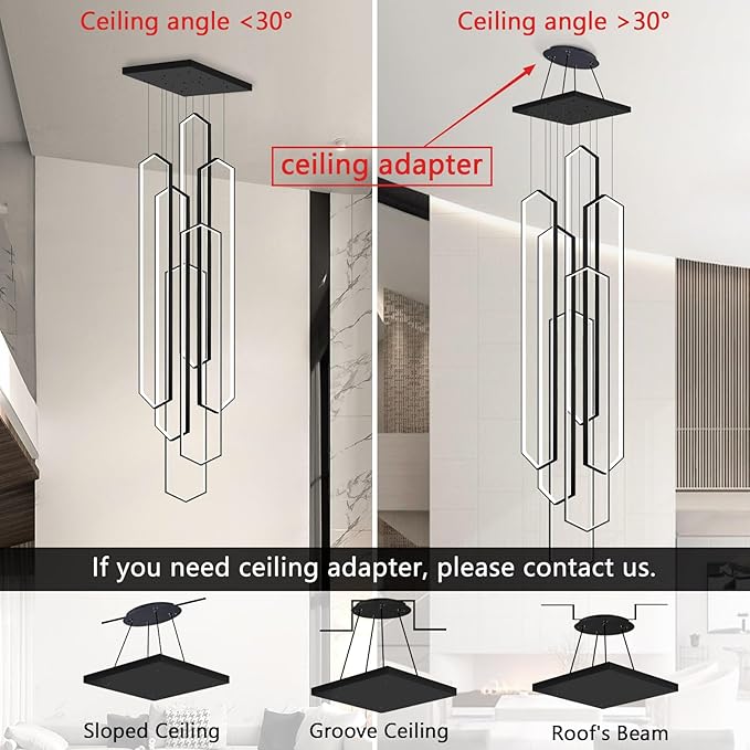 6 Rings Black Modern Large Chandelier Dimmable LED High Ceiling Chandelier for Living Room Foyer Hanging Modern Ceiling Light