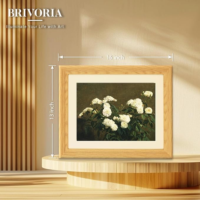 Brivoria Framed Canvas Wall Art Vintage Decor, Antique Botanical Floral Print Showing White Roses and Autumn Rustic Background for Entryway Hallway Reading Nook Office or Bathroom Decoration, 13"x16"