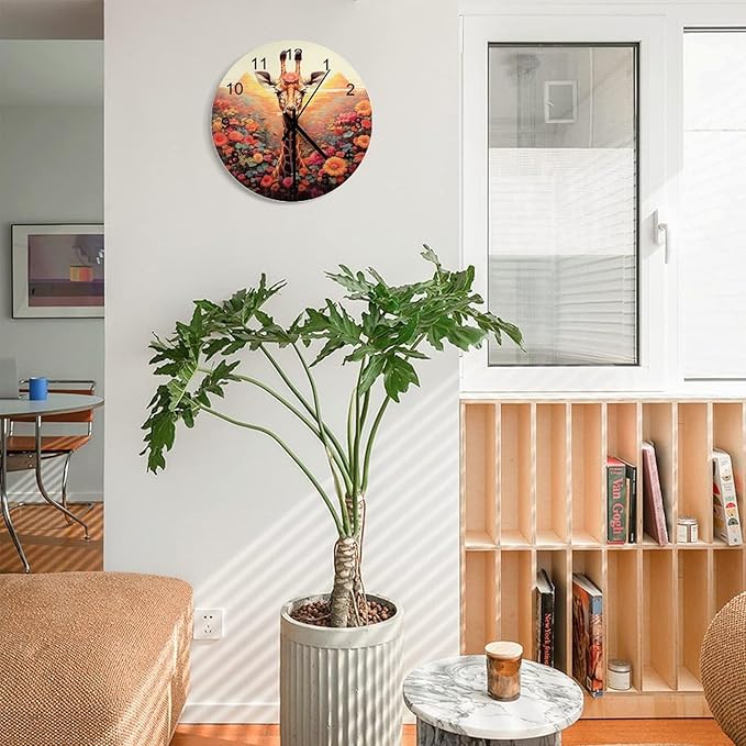 Cartoon Giraffe-Themed Round Wall Clock, Watercolor Flower Giraffe Cute Dream Children's Personalized Theme Decoration, Giraffe-Style Room, Living, Kitchen Wooden Silent Clock 12x12INCH