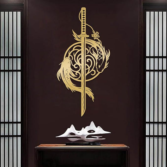 Metal Koi Fish Katana Wall Decor, Koi Fish Metal Wall Decor, Japanese Katana Wall Art, Fishes Decoration, Feng Shui Wall Art, Sword Wall Hanging, Living Room Wall Hanging (Gold, 53"x26"/135x66cm)