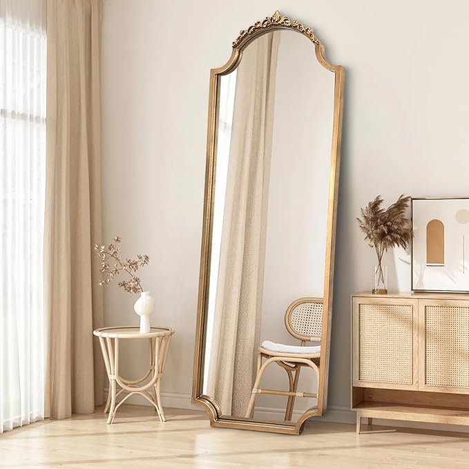 Large Gold Arched Mirror, 61"x22" Vintage Floor Mirror for Dressing, Ornate Baroque Mirrors Full Length, Traditional Carved Mantel Mirrors for Living Room Bathroom Bedroom Entryway