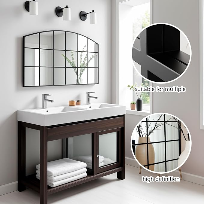 Arch Windowpane Wall Mirror,42x28 Wide Arched Mantel Farmhouse Black Window Pane Mirror for Bathroom,Entryway,Hallway,Living Room,Fireplace