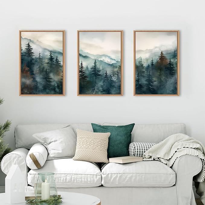 KAIRNE Watercolor Misty Forest Framed Canvas Wall Art Set, Nature Landscape Wall Decor, Foggy Mountain Pine Trees Wall Painting, Jungle Scenery Artwork for Living Room, Bedroom, Office - 24"x36"x3