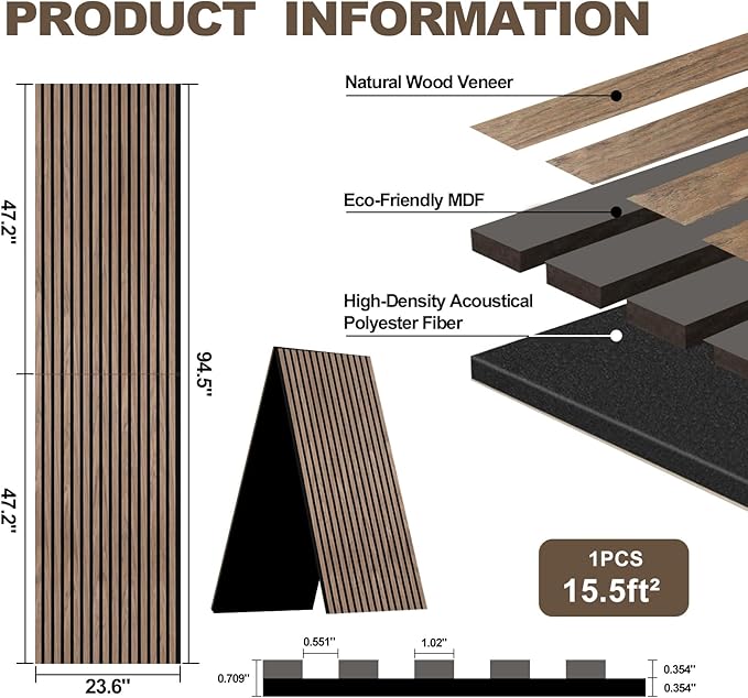 AKK-PANE Acoustic Folding Wood Slat Wall Panels, 94.5" x 23.6" 15.5ft² for Interior Wall Decor, Sound Absorbing Slat Wall Paneling, Fluted Wall Wood Panels for Stylish Spaces Noise Reduction(Walnut)