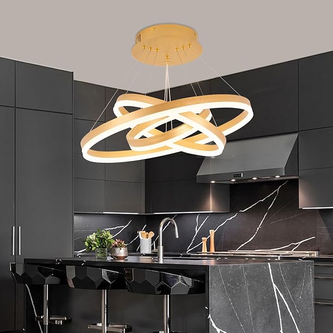 Modern Gold Chandelier Dimmable 3 Rings Chandelier Light Fixture 3000K-6500K Modern Led Pendant Light Color Changing Creative Design Kitchen Island Lighting Adjustable Hight
