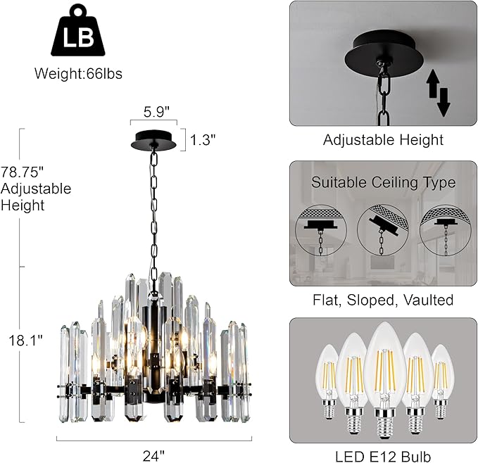 24" Black Chandelier, 12-Light Round Modern Crystal Chandelier for Dining Room, Luxury Adjustable Chain Chandeliers Pendant Light Fixture for Living Room, Bedroom, Foyer, Entryway, Kitchen